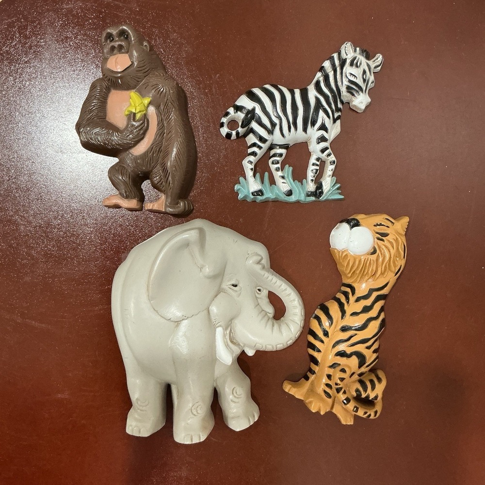 Vintage Burwood Jungle Animal Wall 5 Plaques ‎ Elephant Giraffe Gorilla Tiger